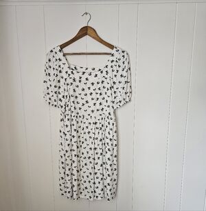 LOFT White Dress with Black Floral Pattern Puff Sleeve Dress